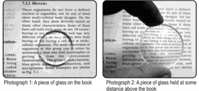 Rajan takes the following two photographs of the text in a book, first while keeping a circular piece of glass on the book and then while holding it at some distance above the book