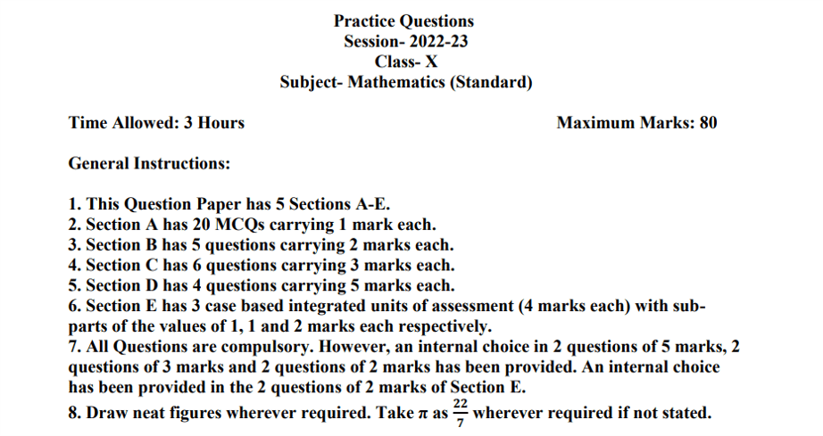cbse class 10 maths practice paper for 2023